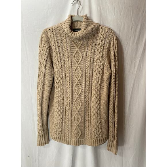 Eddie Bauer Tan Cable Knit Fisherman Core Cowl Neck Sweater Cotton Blend L Tall - Picture 1 of 7